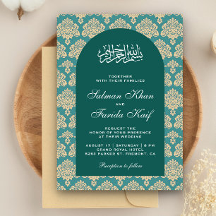 Convite Casamento Islâmico do Arco Árabe Teal Damask