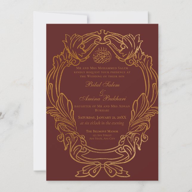Convite Casamento Islâmico do Frame Dourado Vermelho Elega (Frente)