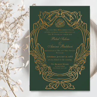 Convite Casamento Islâmico do Quadro Dourado Verde Elegant
