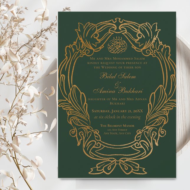 Convite Casamento Islâmico do Quadro Dourado Verde Elegant (Criador carregado)
