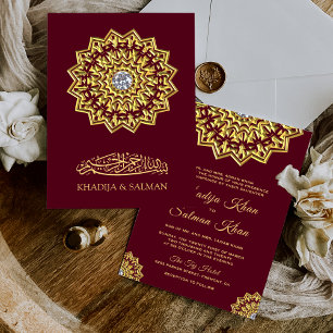 Convite Casamento Islâmico Dourado da Borgonha Tradiciona