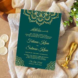 Convite Casamento Islâmico Dourado do Motif Verde do Mar T