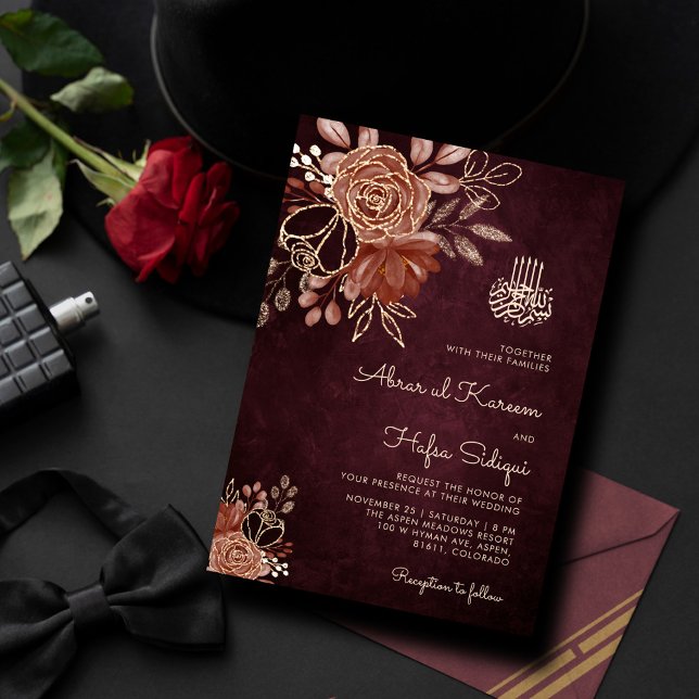 Convite Casamento Islâmico Dourado Floral da Borgonha Luxu (Criador carregado)