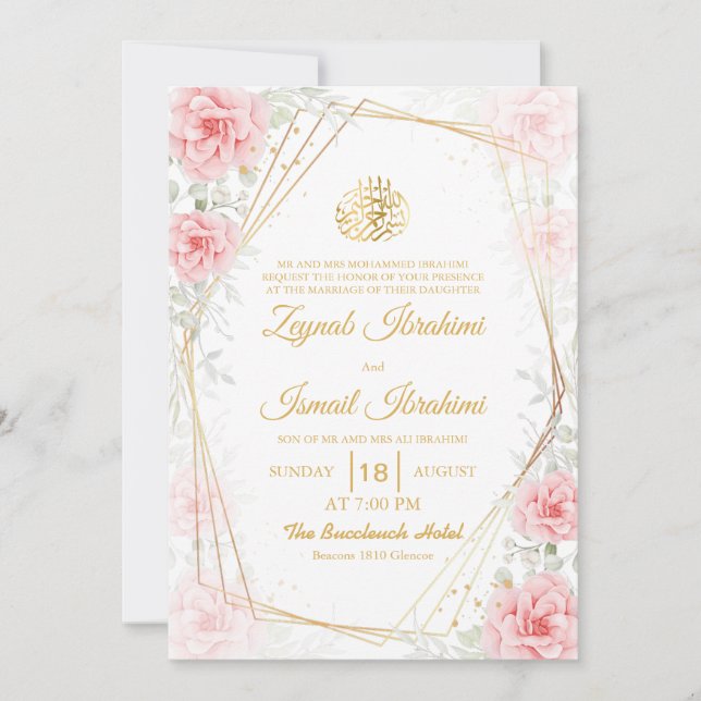 Convite Casamento Islâmico Dourado Floral Elegante (Frente)