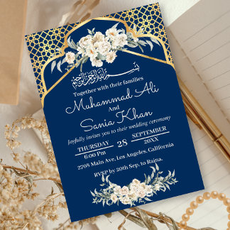 Convite Casamento Islâmico Dourado Floral Mínimo Azul