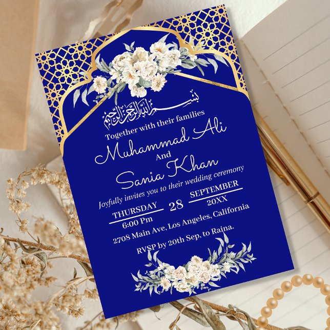 Convite Casamento Islâmico Dourado Floral Mínimo Azul (Criador carregado)
