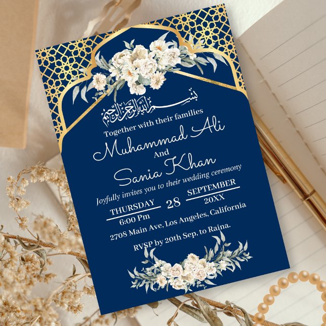 Convite Casamento Islâmico Dourado Floral Mínimo Azul (Criador carregado)