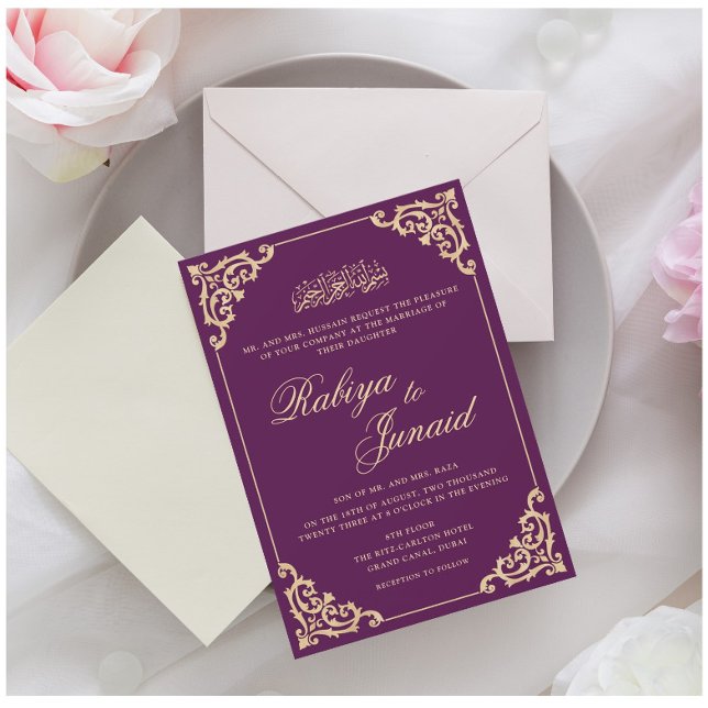 Convite Casamento Islâmico Dourado Roxo Elegante (Criador carregado)
