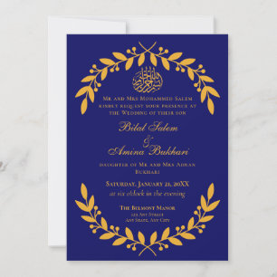 Convite Casamento Islâmico Elegante Azul e Folha Dourada