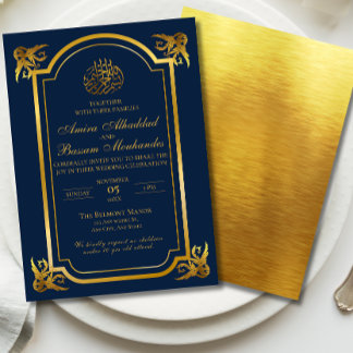 Convite Casamento Islâmico Elegante Azul Escuro e Dourado