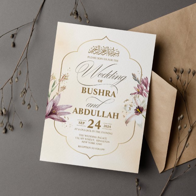 Convite Casamento Islâmico Elegante com Floral e Destaque  (Criador carregado)