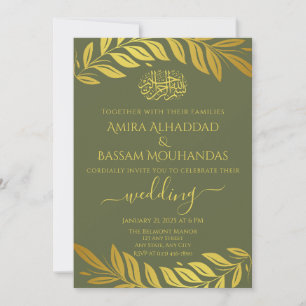 Convite Casamento Islâmico Elegante em Dourado e Verde Mus