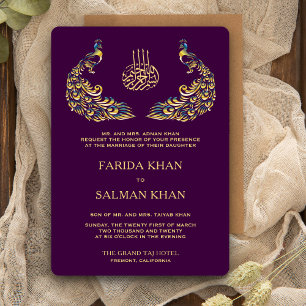 Convite Casamento Islâmico Elegante Pavão Roxo e Dourado