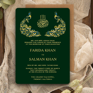 Convite Casamento Islâmico Elegante Verde e Dourado Pavã