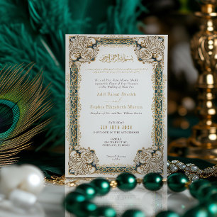 Convite Casamento Islâmico em Aquarela com Ouro Esmeralda