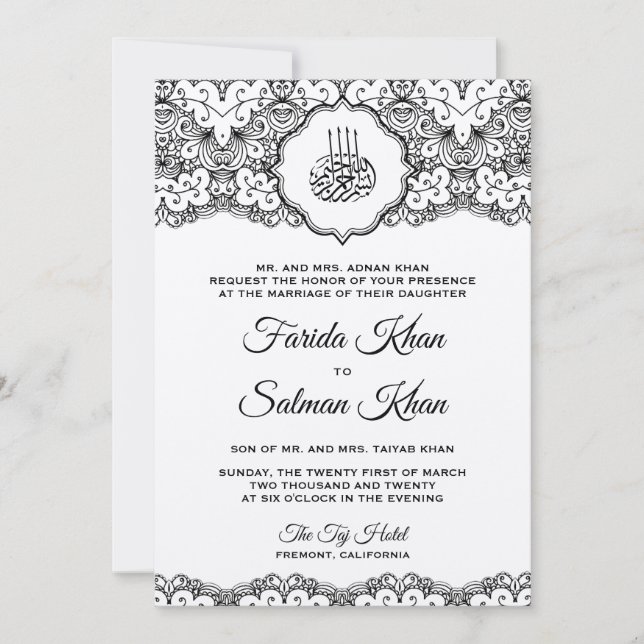 Convite Casamento Islâmico em Feltro com Renda Preta Vinta (Frente)