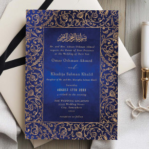 Convite Casamento Islâmico em Veludo Azul e Dourado Floral