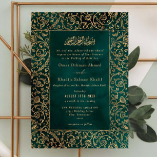 Convite Casamento Islâmico em Veludo Verde e Dourado Flora