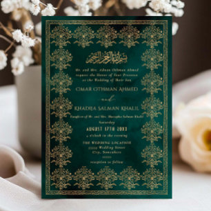 Convite Casamento Islâmico em Veludo Verde e Dourado Vinta