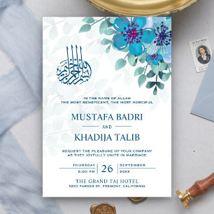 Convite Casamento Islâmico Floral Azul do Oceano Moderno