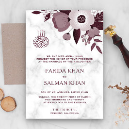 Convite Casamento Islâmico Floral Borgonha e Mármore Branc