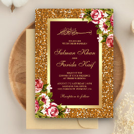 Convite Casamento Islâmico Floral Burgundy Brilho Dourado