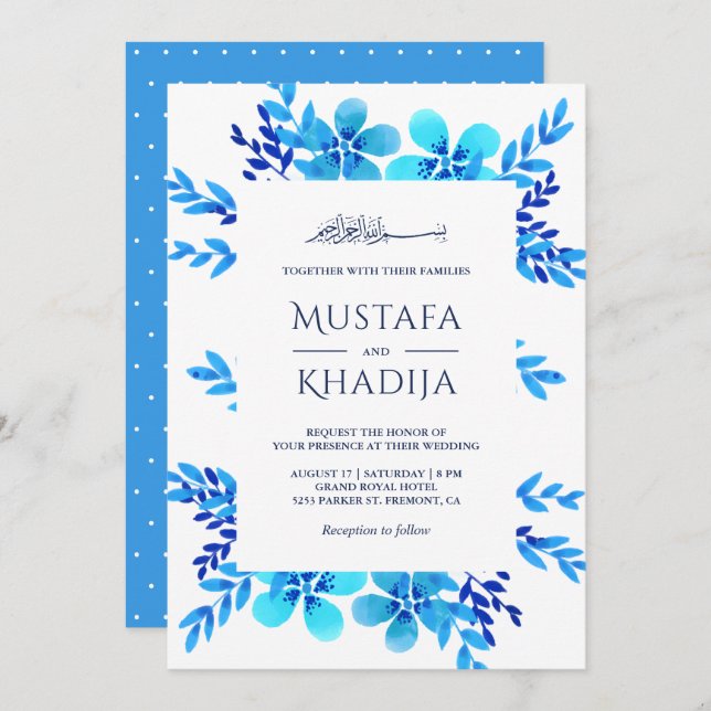 Convite Casamento Islâmico Floral de Cor Azul Brilhante (Frente/Verso)
