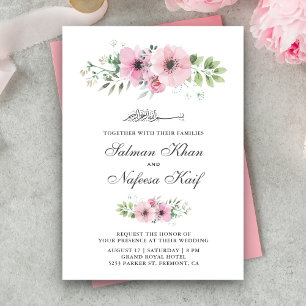 Convite Casamento Islâmico Floral de Cor de Água Rosa Esbr