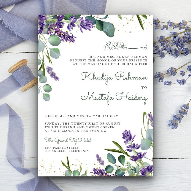 Convite Casamento Islâmico Floral de Lavanda Eucalipto Rús (Criador carregado)
