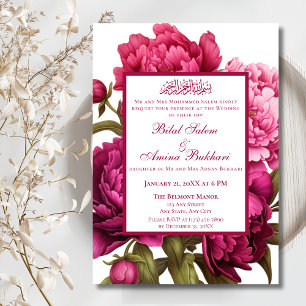 Convite Casamento Islâmico Floral de Peões Rosa Elegantes