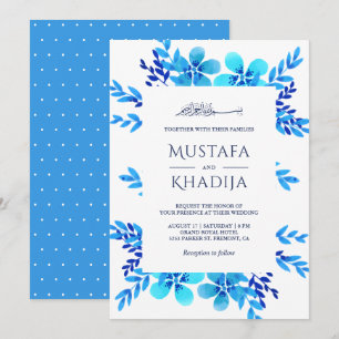 Convite Casamento Islâmico Floral em Aquarela Azul Brilhan