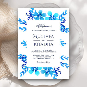 Convite Casamento Islâmico Floral em Aquarela Azul Brilhan