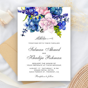 Convite Casamento Islâmico Floral em Aquarela Rosa e Roxo