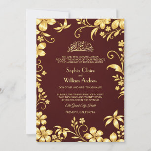 Convite Casamento Islâmico Floral em Vermelho Borgonha e D