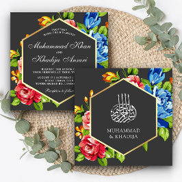 Convite Casamento Islâmico Floral Geométrico Dourado Falso