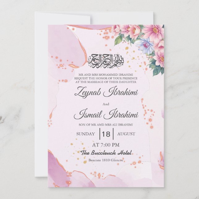 Convite Casamento Islâmico Floral Islâmico, azul-rosa Eleg (Frente)