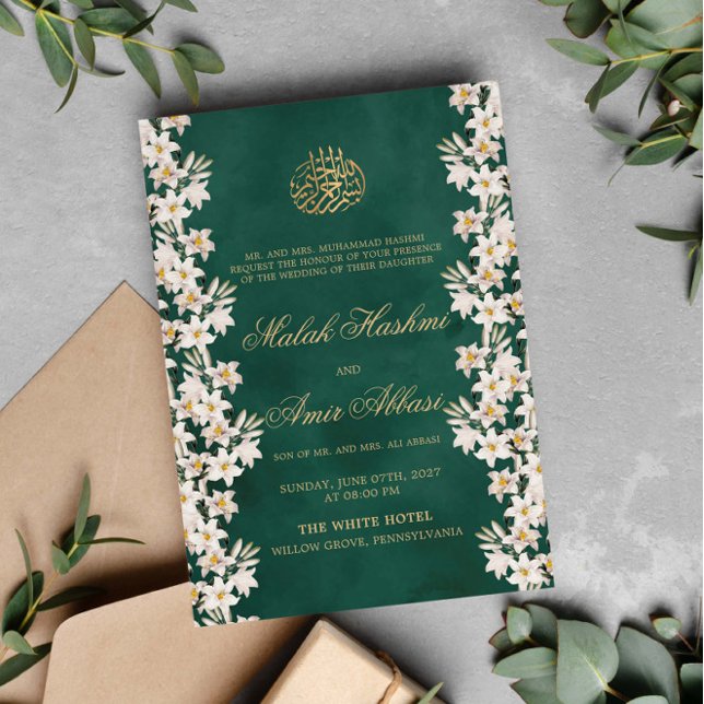 Convite Casamento Islâmico Floral Islâmico Dourado e Verde (Criador carregado)