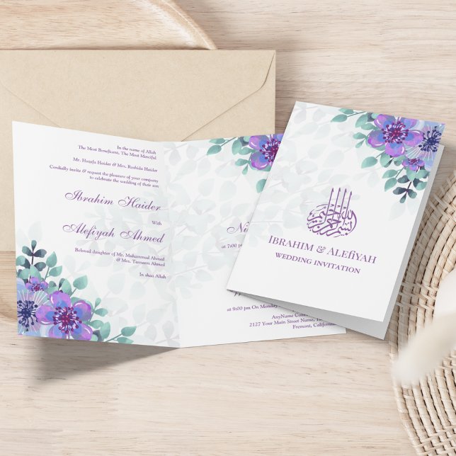 Convite Casamento Islâmico Floral Islâmico Roxo Moderno (Criador carregado)