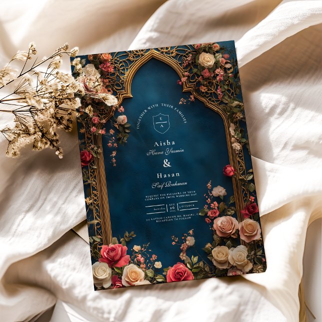 Convite Casamento Islâmico Floral marinho Azul (Criador carregado)