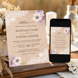 Convite Casamento Islâmico Floral Rosa com Renda em Lona R