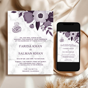 Convite Casamento Islâmico Floral Roxo Escuro Mármore Bran