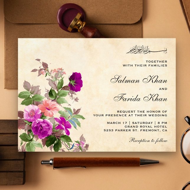 Convite Casamento Islâmico Floral Roxo Rústico Vintage (Criador carregado)