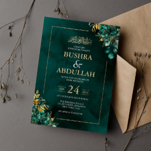 Convite Casamento Islâmico Floral Verde Esmeralda e Dourad