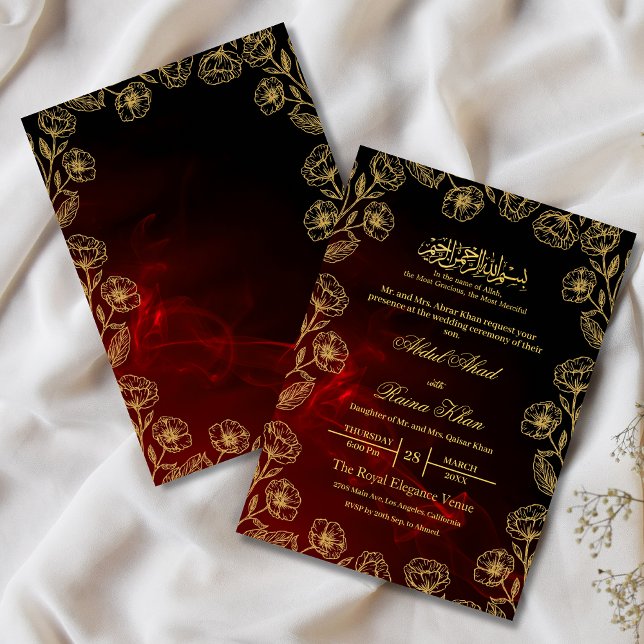 Convite Casamento Islâmico Floral Vermelho E Dourado (Criador carregado)