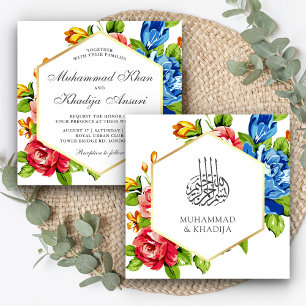 Convite Casamento islâmico floral vibrante Dourado do
