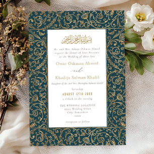 Convite Casamento Islâmico Floral Vintage Dourado & Azul N