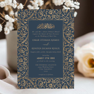 Convite Casamento Islâmico Floral Vintage Dourado e Azul M