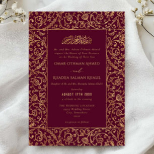 Convite Casamento Islâmico Floral Vintage Dourado e Borgon
