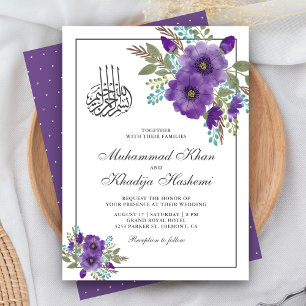 Convite Casamento Islâmico Floral Violeta Desbotado em Aqu