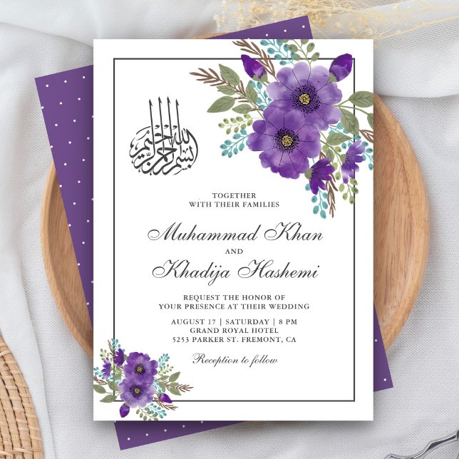 Convite Casamento Islâmico Floral Violeta Desbotado em Aqu (Criador carregado)